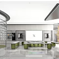 Modern Clothing Store Interior With Circular Glass Structure Display Racks Green Seats And Large Screen