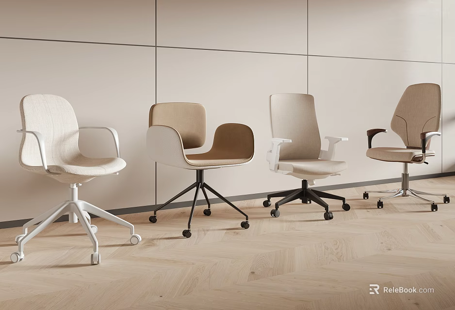 Modern Leisure Chairs With Various Colors And Wheeled Base On Wooden Floor 3d model 