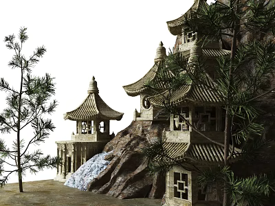 Ancient Architecture Nestled on Mountain With Cascading Waterfall And Lush Pine Trees Classic Pavilion Design 3d model
