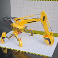 Yellow Functional Engineering Vehicle with Mechanical Arm Claw Tracks Warning Tape and Grid Background 3d model