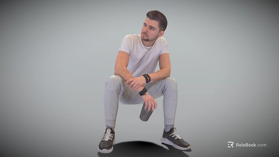 Man Sitting In Gray Sweatpants White T-Shirt Wearing Watch Holding Thermal Cup On Gray Background 3d model 