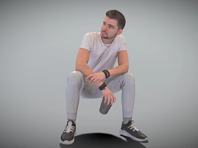 Man Sitting In Gray Sweatpants White T-Shirt Wearing Watch Holding Thermal Cup On Gray Background 3d model