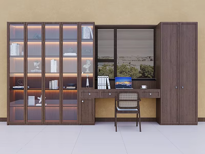 Modern Wooden Bookcase With Glass Doors And Desk Featuring Laptop And Decorations 3d model