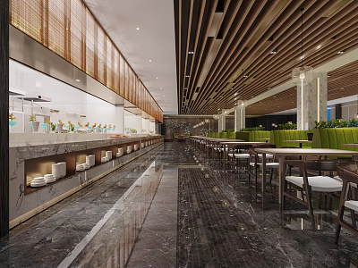 Modern Restaurant Interior With Marble Floor Buffet Counter And Wooden Tables 3d model