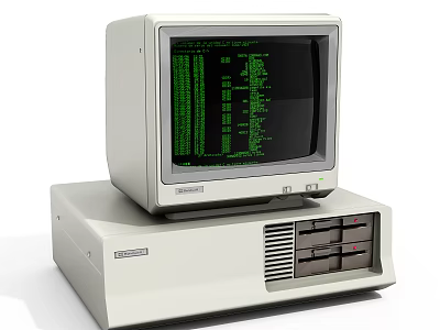 Vintage Computer System With CRT Monitor Displaying Green Code and Dual Floppy Disk Drives 3d model