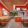 Bright Restaurant Interior With Red Orange Walls Wooden Ceiling Food Posters Counter And Orange Chairs