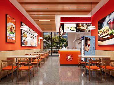 Bright Restaurant Interior With Red Orange Walls Wooden Ceiling Food Posters Counter And Orange Chairs 3d model