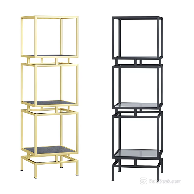 Modern Multi Tier Storage Shelving Unit With Gold And Black Metal Frames And Glass Shelves 3d model 