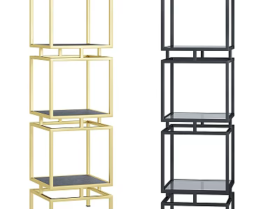 Modern Multi Tier Storage Shelving Unit With Gold And Black Metal Frames And Glass Shelves 3d model