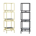 Modern Multi Tier Storage Shelving Unit With Gold And Black Metal Frames And Glass Shelves