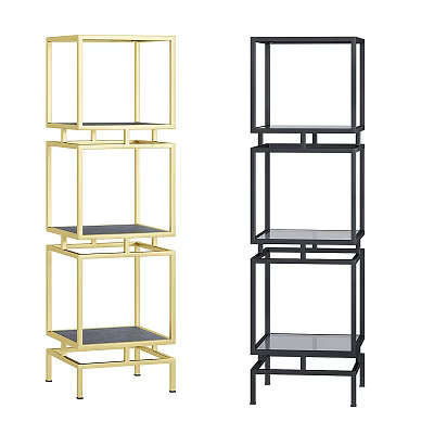 Modern Multi Tier Storage Shelving Unit With Gold And Black Metal Frames And Glass Shelves 3d model
