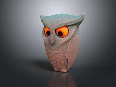 Artistic Owl Sculpture With Orange Eyes Teal Body And Detailed Feather Texture 3d model