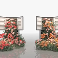 Vibrant Floral Display with Open Cabinets Overflowing Colorful Flowers and Ground Arrangements
