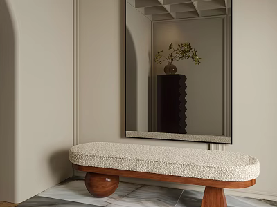 Modern Bench With Round Wooden Legs And Large Mirror Above Vase Plant 3d model