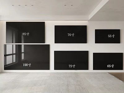 Various Size Televisions Showcased On White Wall In Modern Display Room 3d model