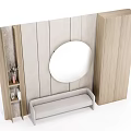 Modern Interior With Wooden Panel Walls Round Mirror And Light Gray Bench 3d model
