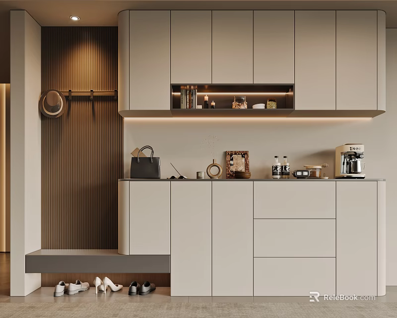 Modern Luxury Entryway Shoe Cabinet With Ample Storage Built In Bench And Warm Ambient Lighting 3d model 