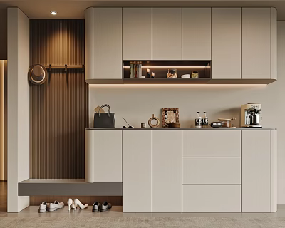 Modern Luxury Entryway Shoe Cabinet With Ample Storage Built In Bench And Warm Ambient Lighting 3d model