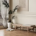 Wooden Bench With Gray Cushion And Green Plant In Bright Indoor Space