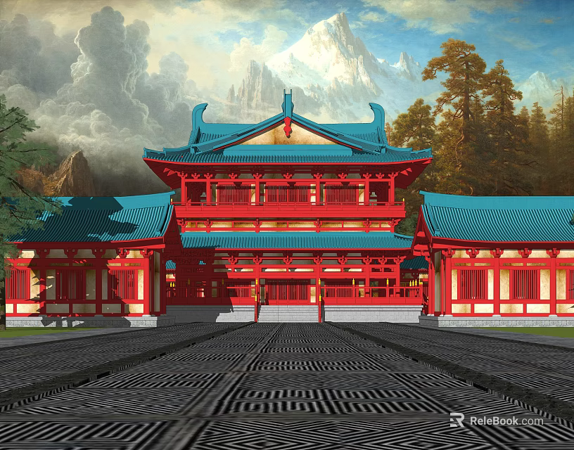Traditional Ancient Architecture with Red Wooden Structure Blue Curved Roof and Green Trees 3d model 