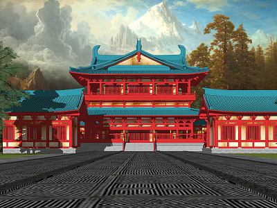 Traditional Ancient Architecture with Red Wooden Structure Blue Curved Roof and Green Trees 3d model