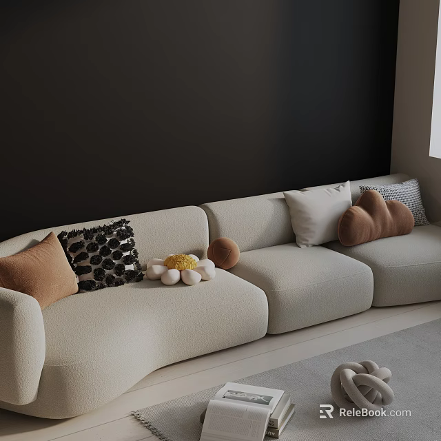 Modern Beige Three Seater Sofa With Velvet Upholstery Colorful Cushions And White Pom Poms 3d model 