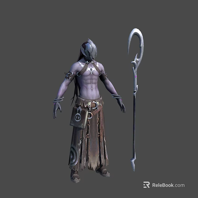 Mythical Creature Character In Ornamental Attire With Staff Weapon And Waist Pouch 3d model 