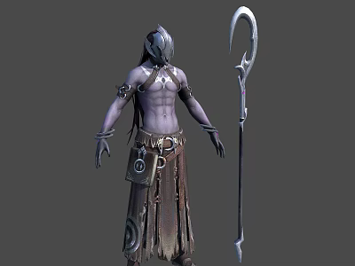 Mythical Creature Character In Ornamental Attire With Staff Weapon And Waist Pouch 3d model