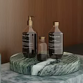 Natural Soap Bottles Display On Marble Countertop With Wooden Background