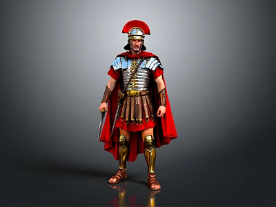 Roman Soldier Armor Featuring Red Helmet Metal Chest Plate Red Cloak Golden Greaves And Sword 3d model