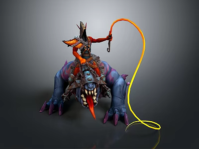 Armored Character Riding Purple Spiked Fanged Multi Clawed Creature With Yellow Whip 3d model