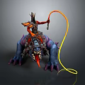 Armored Character Riding Purple Spiked Fanged Multi Clawed Creature With Yellow Whip