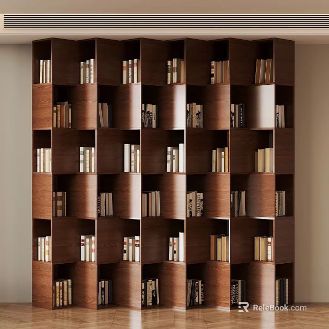 Modern Dark Brown Wooden Bookcase With Multiple Compartments Filled With Books 3d model 