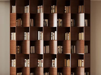 Modern Dark Brown Wooden Bookcase With Multiple Compartments Filled With Books 3d model