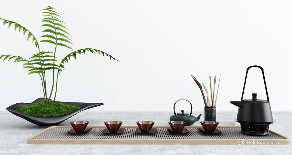 Elegant Tea Set with Teacups Teapot on Bamboo Mat and Green Fern Plant 3d model 