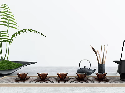 Elegant Tea Set with Teacups Teapot on Bamboo Mat and Green Fern Plant 3d model