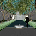 Modern Garden Landscape with Trees Seating Areas Paved Ground and Building Facade