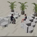 Modern Outdoor Public Chairs with Striped Design Green Plants and People Sitting on Stone Floor