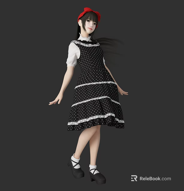 Woman Wearing Black Polka Dot Dress With White Blouse And Lace Trim 3d model 