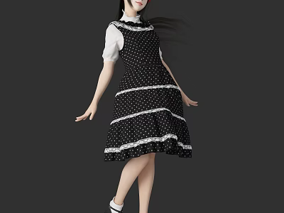 Woman Wearing Black Polka Dot Dress With White Blouse And Lace Trim 3d model