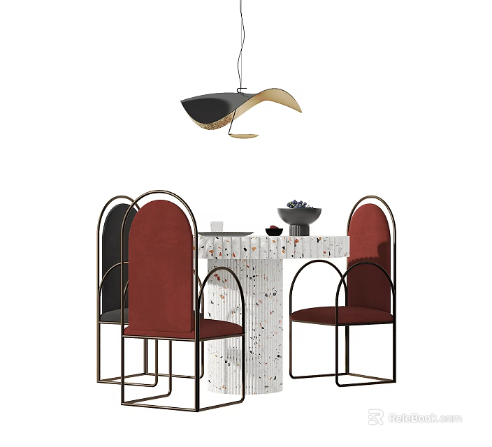Modern Dining Table Set With Red Black Chairs Metal Frames Marble Tabletop And Pendant Light 3d model
