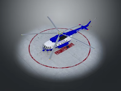 Blue And White Helicopter Parked On Red Circular Marking Concrete Surface 3d model