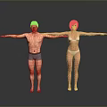Man and Woman Posing in Underwear with Arms Outstretched Against Gray Background