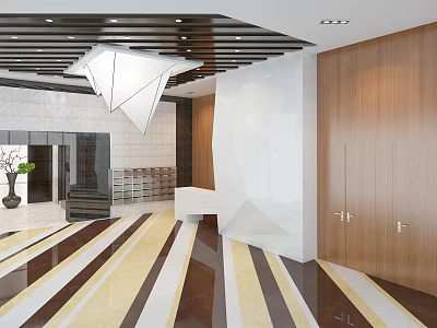 Spacious Modern Public Service Hall Interior With Geometric Ceiling Striped Flooring And Waiting Seats 3d model