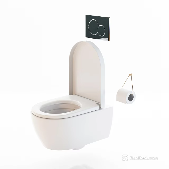 Modern White Toilet With Open Lid And Toilet Paper Holder On Wall 3d model 
