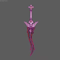 Elaborate Decorative Weapon With Floral Top Accent And Red Black Striped Intricate Blade