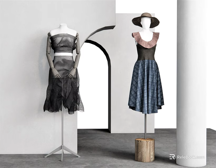 Elegant Fashion Models Wearing Layered Gray Black Dresses And Dark Floral Skirts With Hats 3d model 
