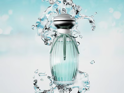 Light Blue Striped Perfume Bottle With Silver Cap And Water Splashes Around 3d model