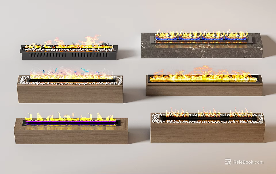 Modern Fireplace Designs With Wooden Bases And Colorful Flame Displays 3d model 