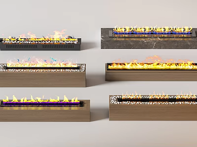 Modern Fireplace Designs With Wooden Bases And Colorful Flame Displays 3d model
